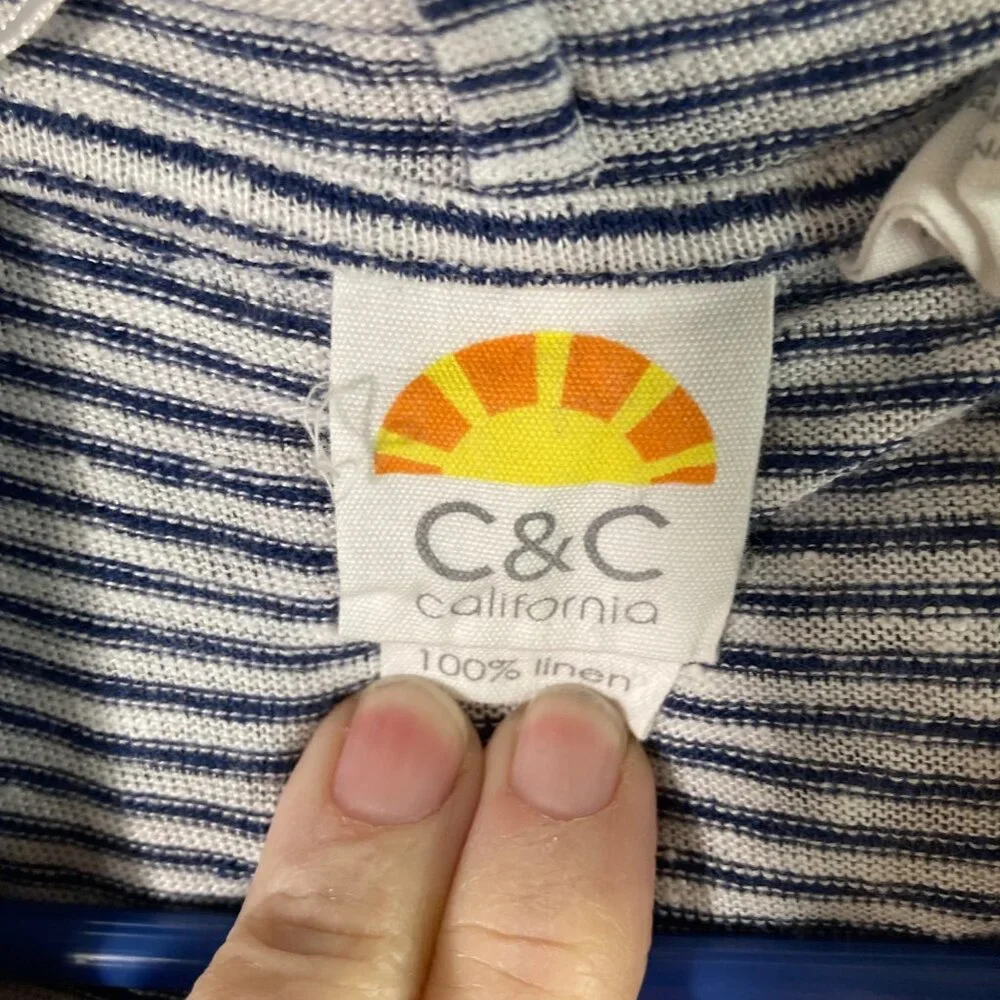 Womens C & C California Linen Hooded Striped‎ Top Navy White M - Picture 6 of 8